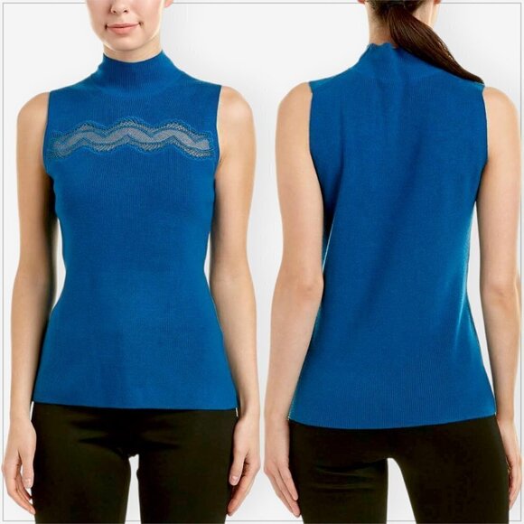 T Tahari Yolana Sleeveless Mock Neck Lace Trim Nautilus Blue Sweater NEW NWT M - Picture 1 of 4